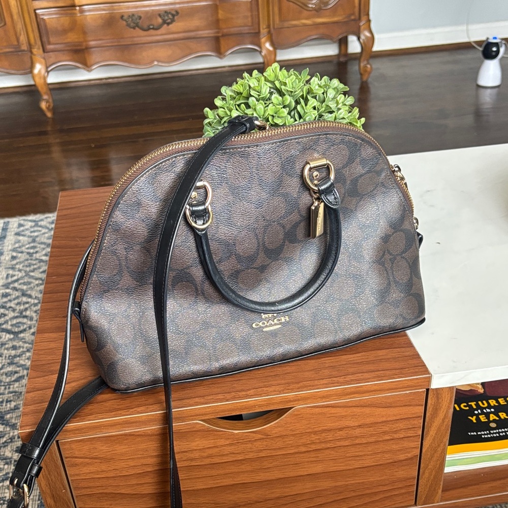 Coach Brown Signature Dome Satchel with Black Handles